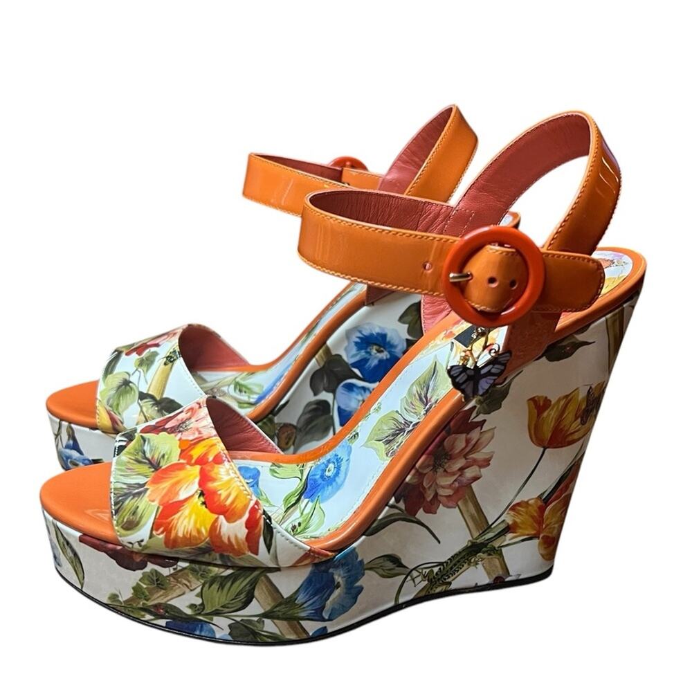 Dolce & Gabbana BIANCA Patent Leather Floral Butterfly Wedge Sandals EU 40 US 10 - Picture 2 of 13